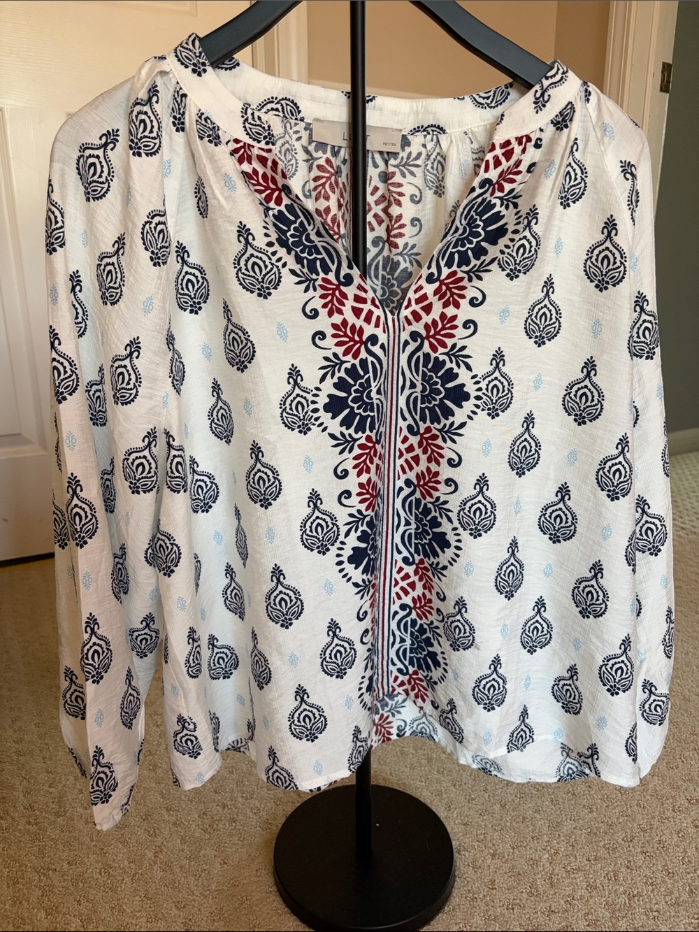 LOFT White Peasant Blouse with Navy & Red Embroidery Motif